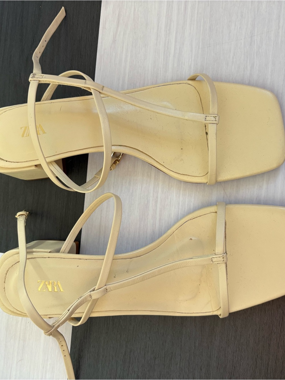 Zara Pale Yellow Strappy Square-Toe Heeled Sandals